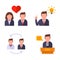 Office icons set. romantic relationship. great idea. performance from the rostrum. employee replacement.