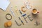 Office life iscription on a wooden desk laid out of office stationery. Office clerk\'s breakfast.