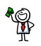 Office man in costume and tie showing cash money banknotes boasting big income.