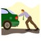 Office man pushes blue car into the service. broken car, broken tire. day without car. epair service. emergency car service