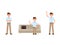 Office man sitting on sofa, crossed hands, waving cartoon character. Vector illustration of working staff.