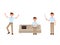 Office man sitting on sofa, jumping, standing with wooden pointer cartoon character. Vector illustration of working people.