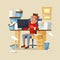 Office manager work routine vector illustration of tired frustrated man with documents, computer and coffee