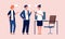 Office managers talking. Business meeting, people have conversation. Teamwork, cartoon workers vector illustration