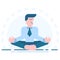 Office meditation. Businessman sitting in yoga lotus pose, relax. Vector cartoon flat character