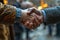 Office men celebrate with a hearty handshake, business meeting image