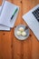 Office mock up with a laptop, notebook and pen with a plate of three rice cake muffins