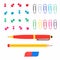 Office multi colored paper pins, paper clips, pen, pencil and eraser flat style vector illustration set isolated on white backgrou