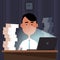 Office night work vector illustration. Unhappy and upset worker working all night