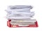 Office paper filing tray isolated on white background. Lots of paperwork, work, bureaucracy. Administration concept.