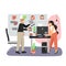 Office scene with modern workplace, kanban board, man and woman working on business project, flat vector illustration