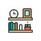 Office shelf, bookshelf flat color line icon.