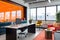 office with sleek and modern furniture, pops of color and natural lighting