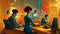 Office staff members in front of their computers at their workstations, stylized