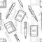 Office supplies icons seamless pattern. Stationery notebooks and pens. Vector illustrations