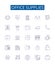 Office supplies line icons signs set. Design collection of Stationery, Pens, Envelopes, Paper, Notepads, Files