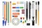 Office supplies and school items assortment. Vector. Stationery set pencils, pens, text marker, brushes, pins, Scotch tape, eraser