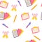 Office supplies seamless pattern. Folders, documents, magnifier, pen, pencil and icons. Learning school supplies. Textile,