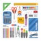 Office supply vector stationery school tools icons and accessories of education assortment pencil marker pen calculator