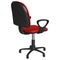 Office swivel chair on a pedestal, with wheels, with red upholstery and black plastic armrests, rear view half-turned
