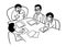 Office team boring meeting caricature drawing. Cartoon illustrating a group of people different genders sitting at the