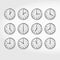 Office Wall Clocks Showing the Times of Day. Round Quartz Analog Wall Clock. Clock Face with Arabic Numerals. Vector Art