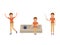 Office woman sitting on sofa, jumping, standing with wooden pointer cartoon character. Working people poses.