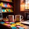 Office work desk with coffee and postit notes, busy and overwhelmed, relying on caffeine