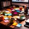 Office work desk with coffee and postit notes, busy and overwhelmed, relying on caffeine