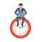 Office worker businessman sitting on a clock, dreams wasting time.