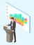Office worker businessman speaker stand near board with visual presentation, growing graphic