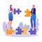 Office worker character hold puzzle detail, teamwork office male and female together labour flat vector illustration