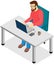 Office worker male character sitting at table with laptop. Businessman or clerk working at workplace