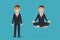 Office worker meditating, sitting in lotus pose. Calm and Angry. Businessman meditation concept.