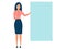 Office worker, woman with blank big poster near. In minimalist style. Cartoon flat raster