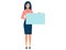 Office worker, woman with blank poster near. In minimalist style. Cartoon flat raster