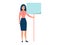 Office worker, woman with blank poster near. In minimalist style. Cartoon flat vector