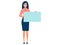 Office worker, woman with blank poster near. In minimalist style. Cartoon flat vector