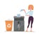 Office worker young stylish woman shredding stack of documents. Paper waste in plastic recycling bin. Big office floor shredder