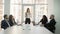 Office workers, large company employees, two young men and three young women discuss company issues, a young woman the