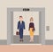 Office workers standing in open elevator. Business people man and woman. Flat cartoon vector illustration.