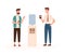 Office workers and water cooler flat vector illustration. Colleagues conversation. Work break, time relax, communication