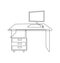 Office workplace. Desk with drawers. Computer on the desktop. Continuous line drawing,  illustration