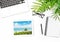 Office workplace flat lay Laptop tablet vacation photo green plant