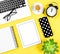 Office workplace flat lay mockup Laptop notebook tablet coffee c