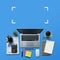 Office workplace with laptop, notebook, office supplies and stationery on blue background. Solution, business planning, data