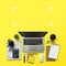 Office workplace with laptop, notebook, office supplies and stationery on yellow background. Solution, business planning, data