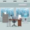 Office workspace desk armchair cabinet documents cooler water windows