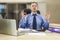 Office Zen. Relaxed Male Entrepreneur Meditating At Workplace, Coping With Stress At Work, Sitting At Desk With Eyes Closed