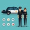 Officer characters with police car vehicle in flat design. Policeman and policewoman. Security elements of the police equipment s